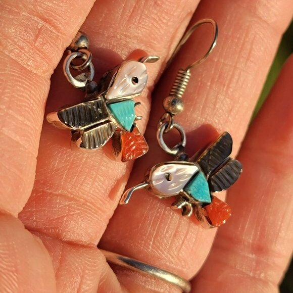 Native American Zuni handmade handcarved gemstone inlay 925 sterling hummingbird - Picture 11 of 13